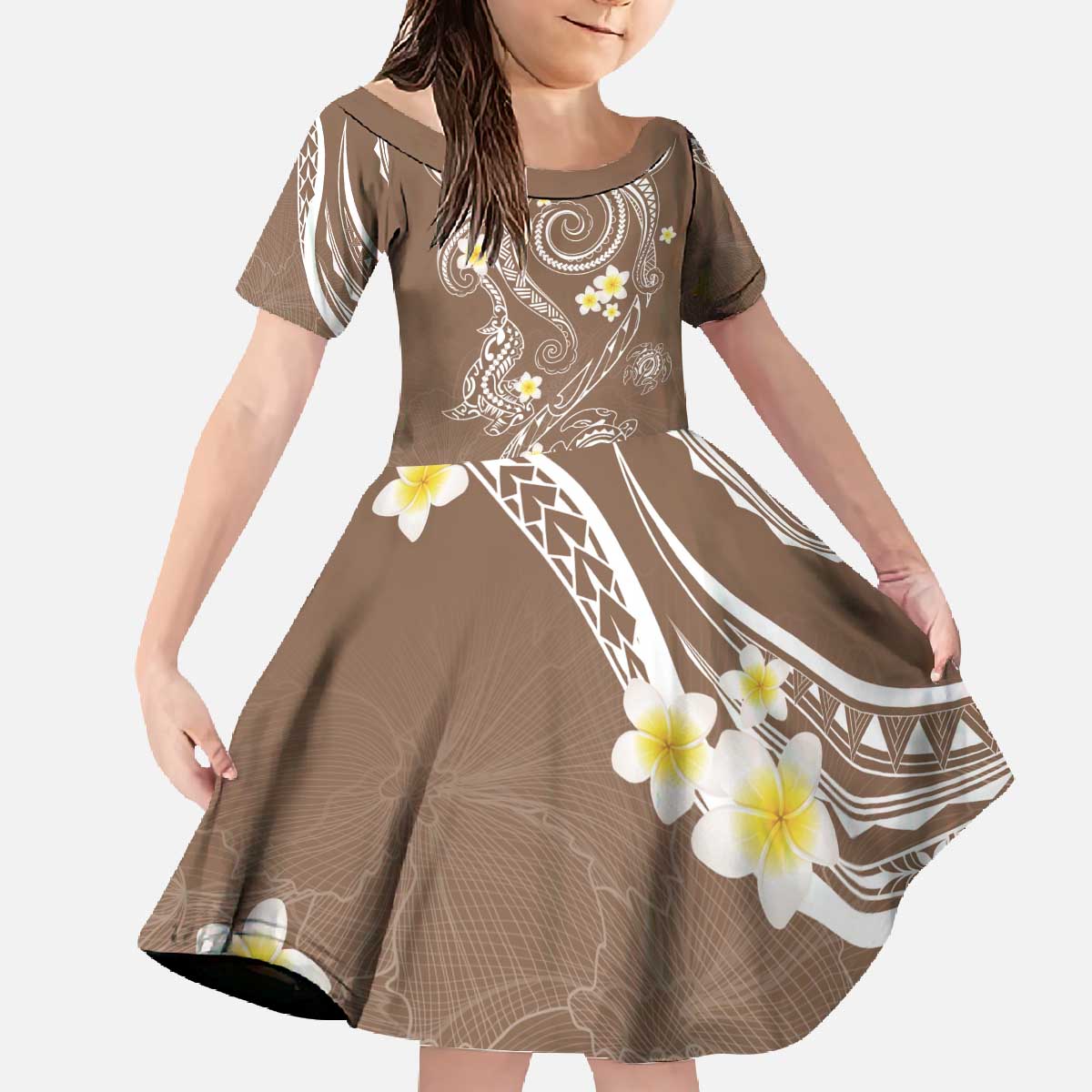 Polynesia Tribal Family Matching Off The Shoulder Long Sleeve Dress and Hawaiian Shirt Mocha Plumeria Tentacles