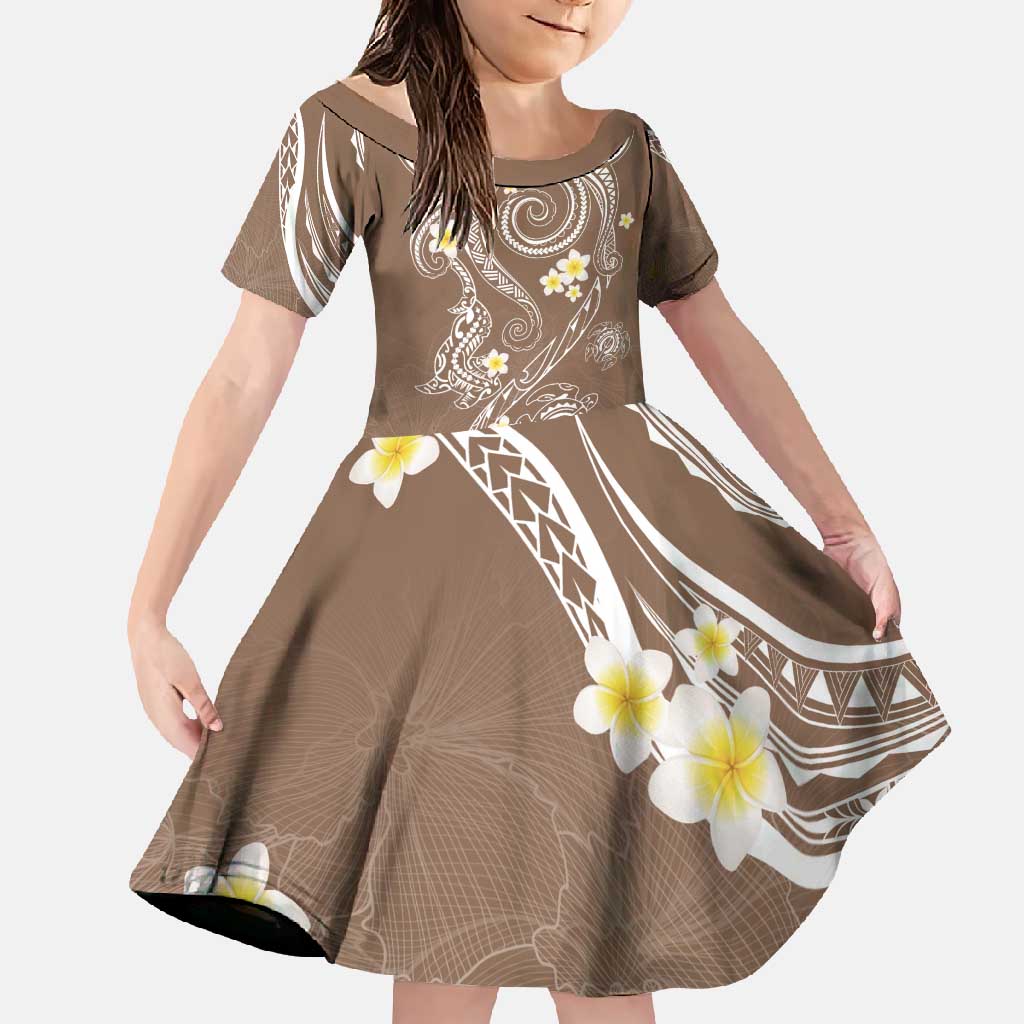 Polynesia Tribal Family Matching Off Shoulder Maxi Dress and Hawaiian Shirt Mocha Plumeria Tentacles LT7 Daughter's Dress Mocha - Polynesian Pride