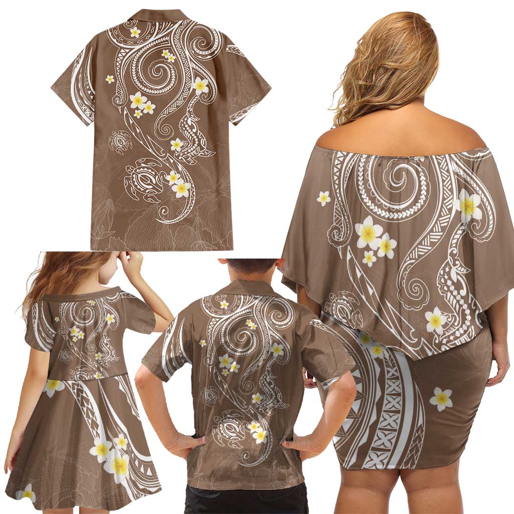 Polynesia Tribal Family Matching Off Shoulder Short Dress and Hawaiian Shirt Mocha Plumeria Tentacles LT7 - Polynesian Pride