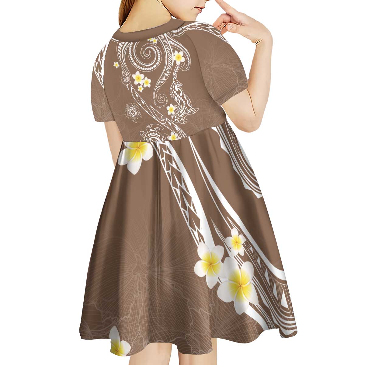 Polynesia Tribal Kid Short Sleeve Dress Mocha Plumeria Tentacles