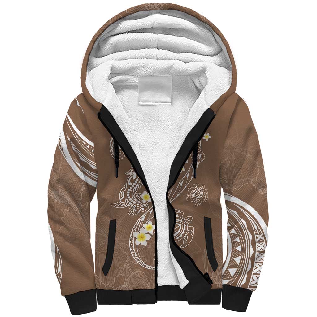 Polynesia Tribal Sherpa Hoodie Mocha Plumeria Tentacles
