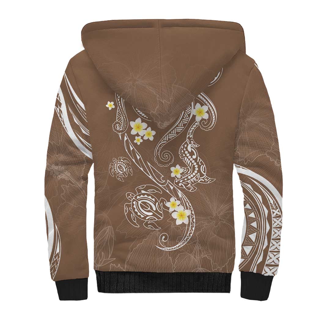 Polynesia Tribal Sherpa Hoodie Mocha Plumeria Tentacles