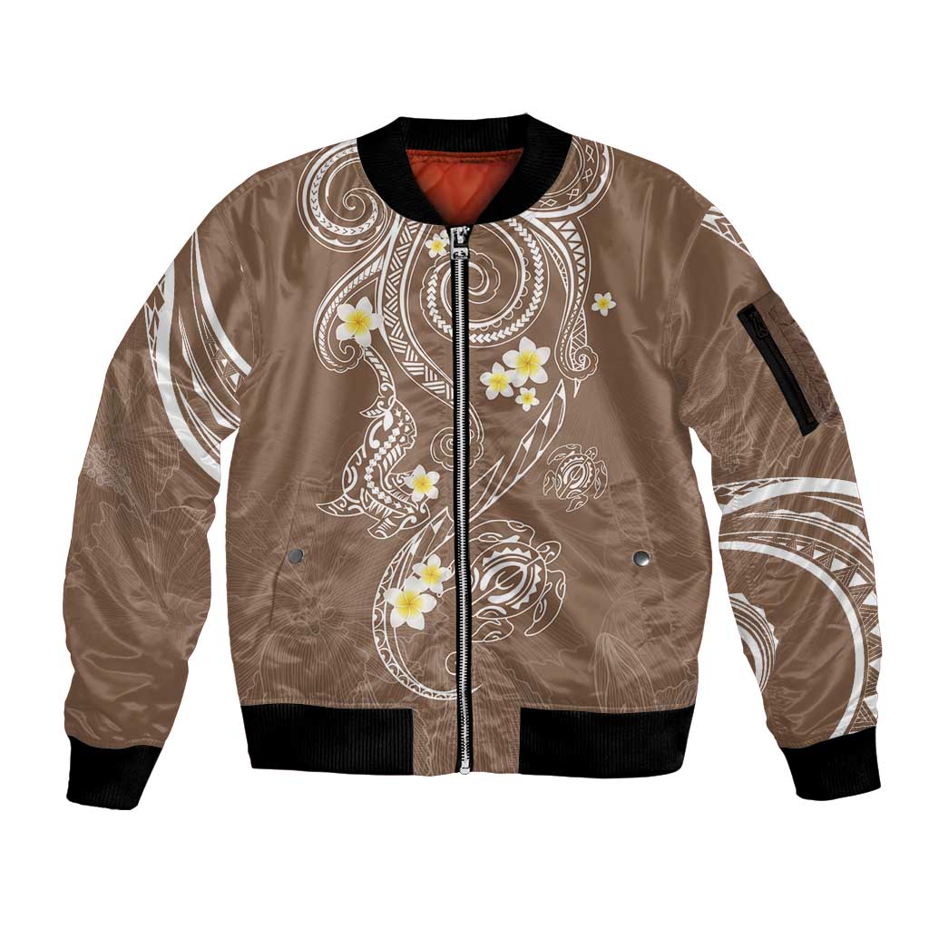 Polynesia Tribal Sleeve Zip Bomber Jacket Mocha Plumeria Tentacles