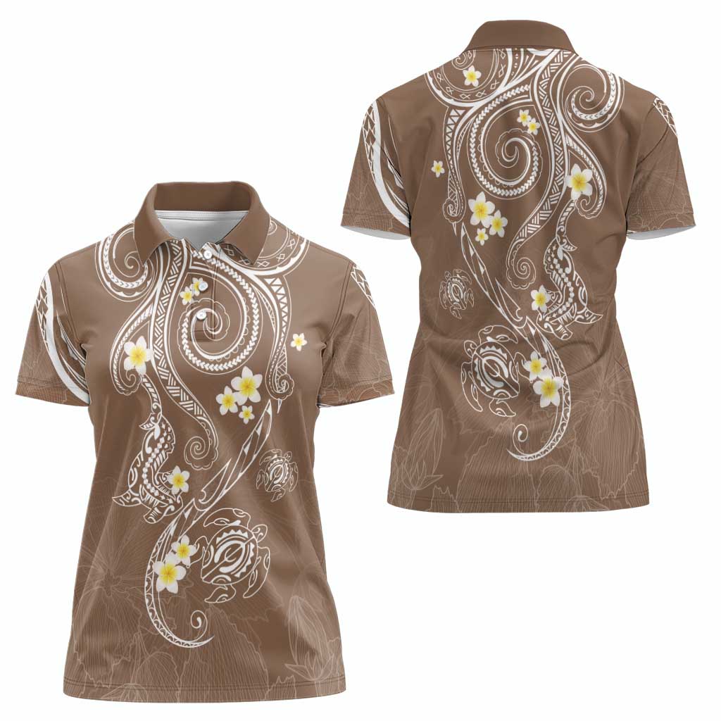 Polynesia Tribal Women Polo Shirt Mocha Plumeria Tentacles