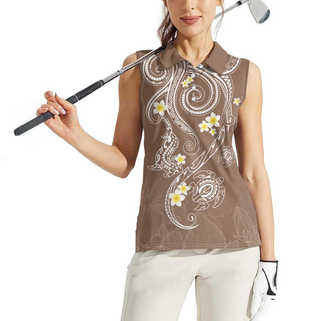 Polynesia Tribal Women Sleeveless Polo Shirt Mocha Plumeria Tentacles