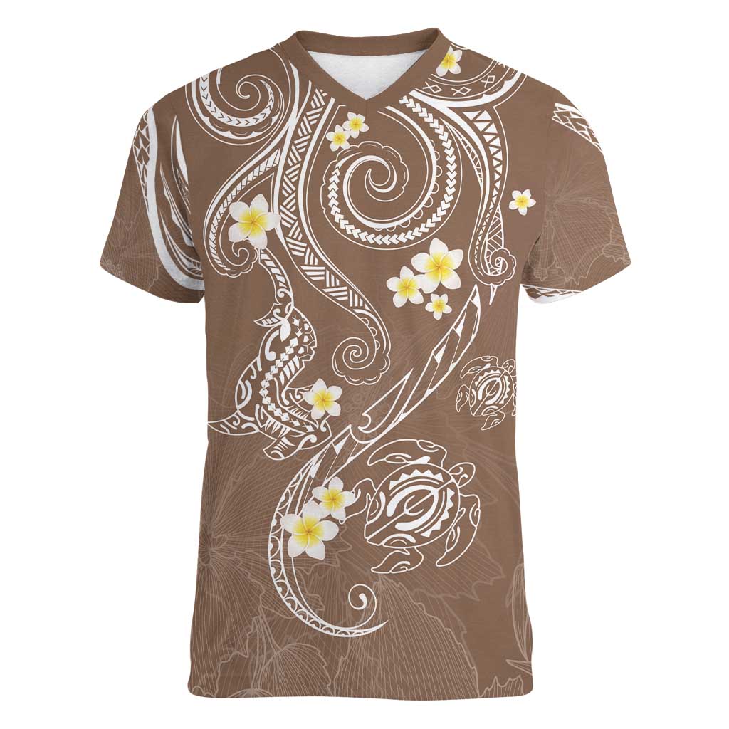 Polynesia Tribal Women V-Neck T-Shirt Mocha Plumeria Tentacles