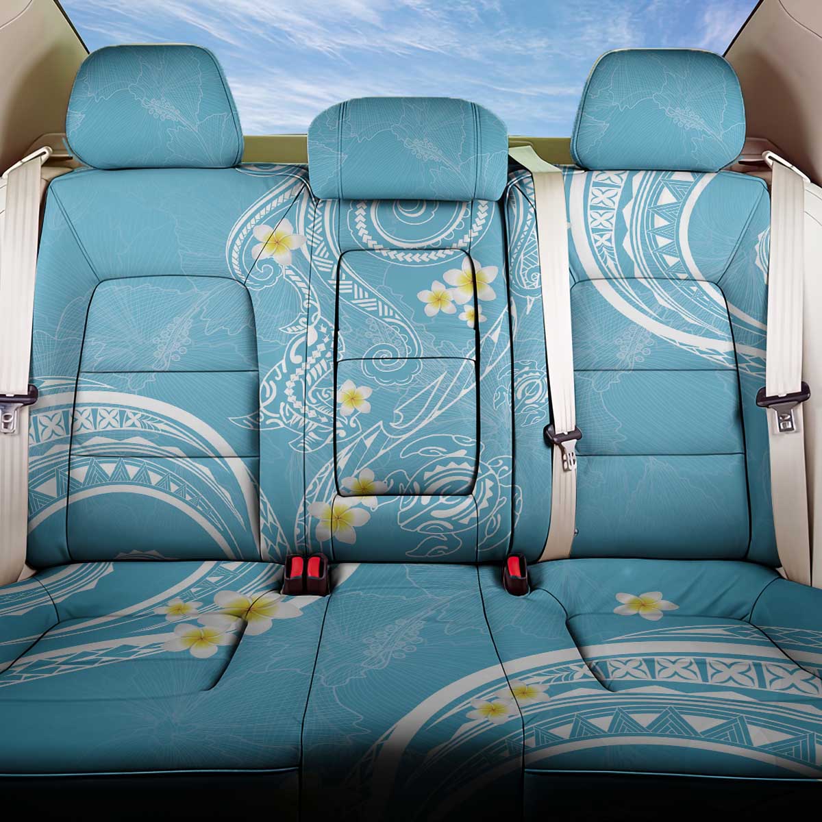 Polynesia Tribal Back Car Seat Cover Turquoise Plumeria Tentacles