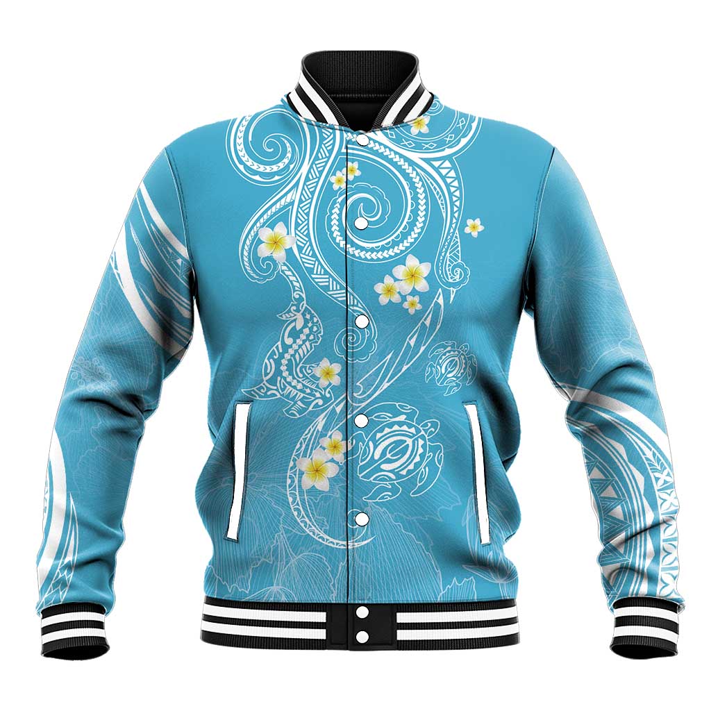 Polynesia Tribal Baseball Jacket Turquoise Plumeria Tentacles