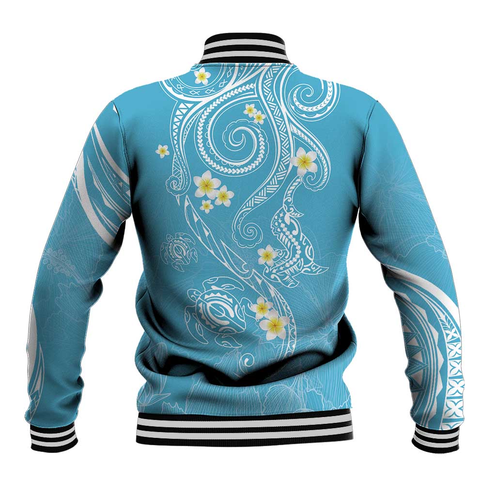 Polynesia Tribal Baseball Jacket Turquoise Plumeria Tentacles