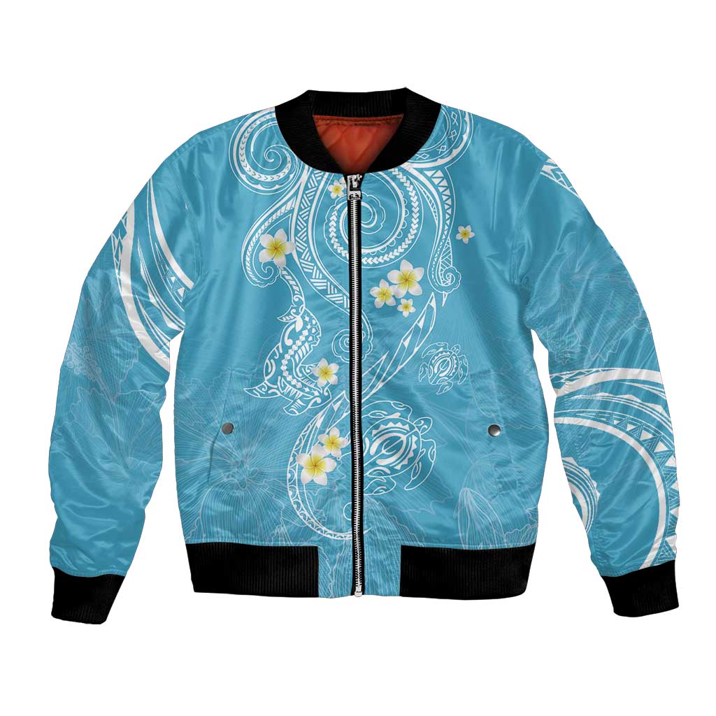 Polynesia Tribal Bomber Jacket Turquoise Plumeria Tentacles