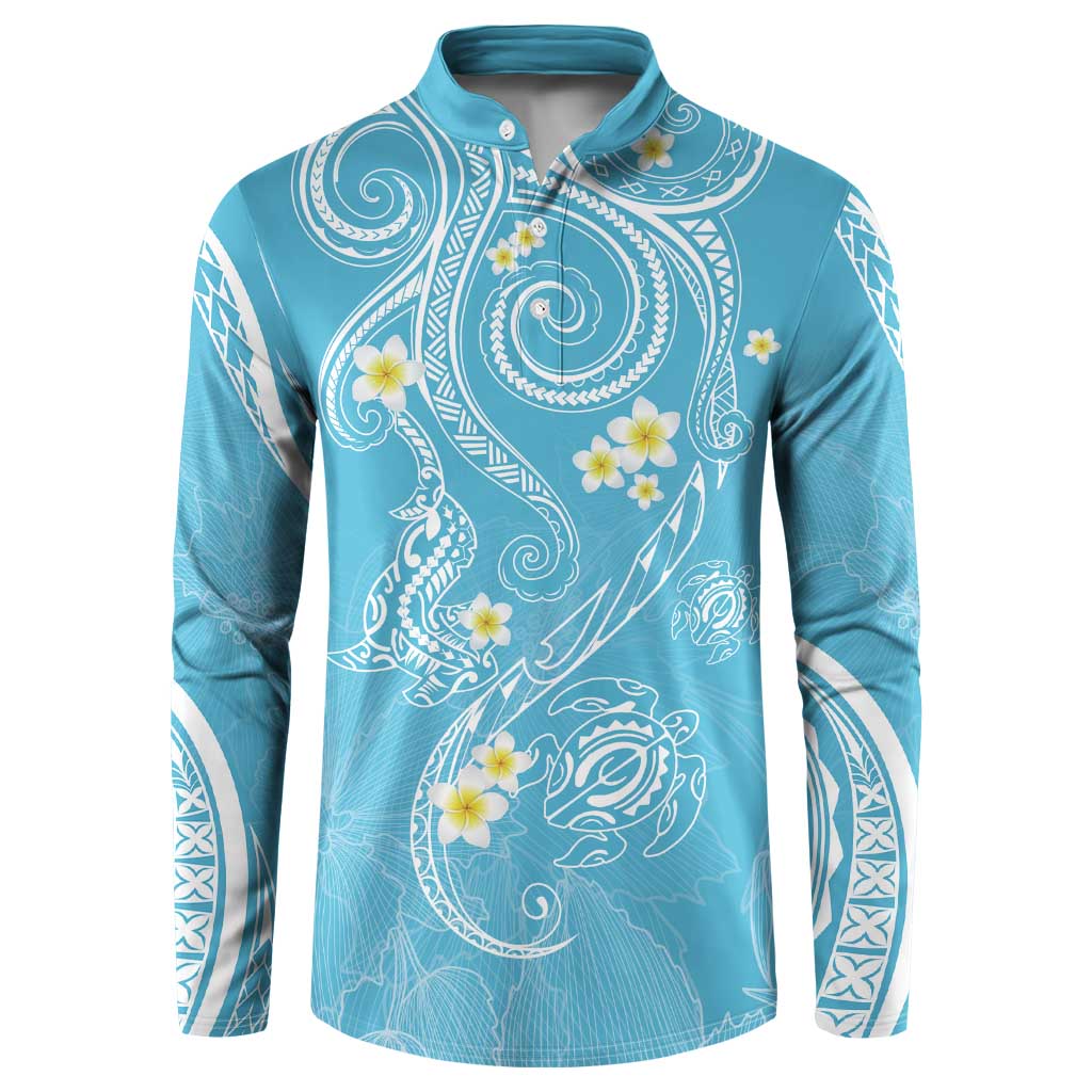 Polynesia Tribal Button Sweatshirt Turquoise Plumeria Tentacles