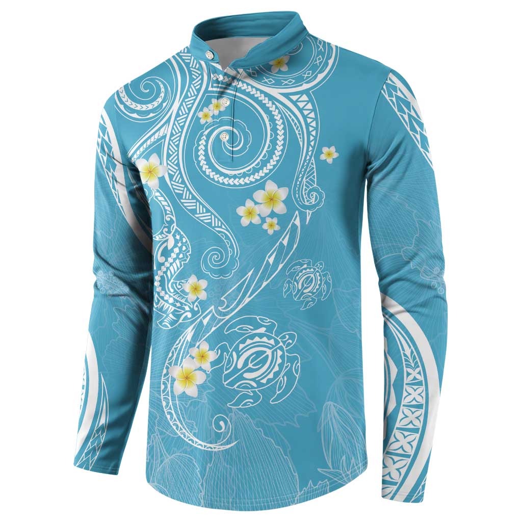 Polynesia Tribal Button Sweatshirt Turquoise Plumeria Tentacles