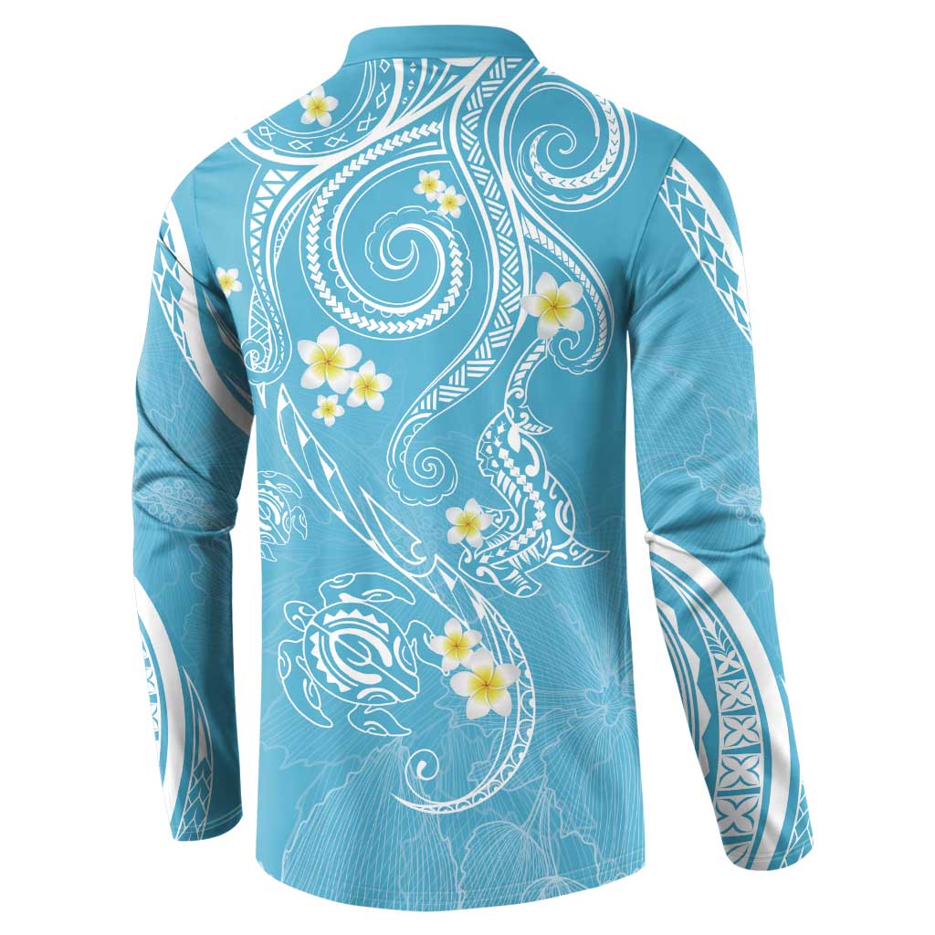 Polynesia Tribal Button Sweatshirt Turquoise Plumeria Tentacles