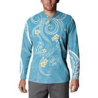 Polynesia Tribal Button Sweatshirt Turquoise Plumeria Tentacles