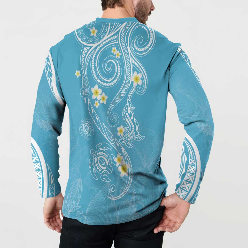 Polynesia Tribal Button Sweatshirt Turquoise Plumeria Tentacles