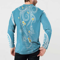 Polynesia Tribal Button Sweatshirt Turquoise Plumeria Tentacles