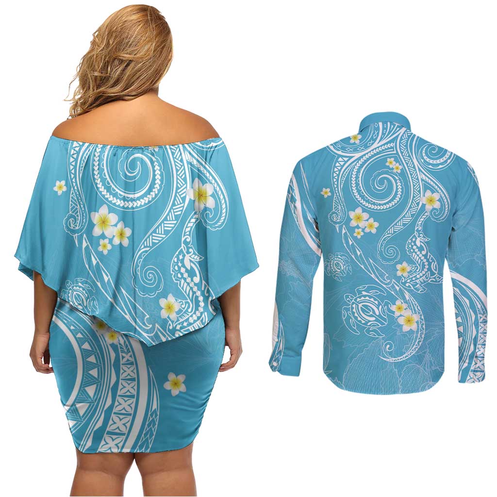 Polynesia Tribal Couples Matching Off Shoulder Short Dress and Long Sleeve Button Shirt Turquoise Plumeria Tentacles