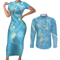 Polynesia Tribal Couples Matching Short Sleeve Bodycon Dress and Long Sleeve Button Shirt Turquoise Plumeria Tentacles