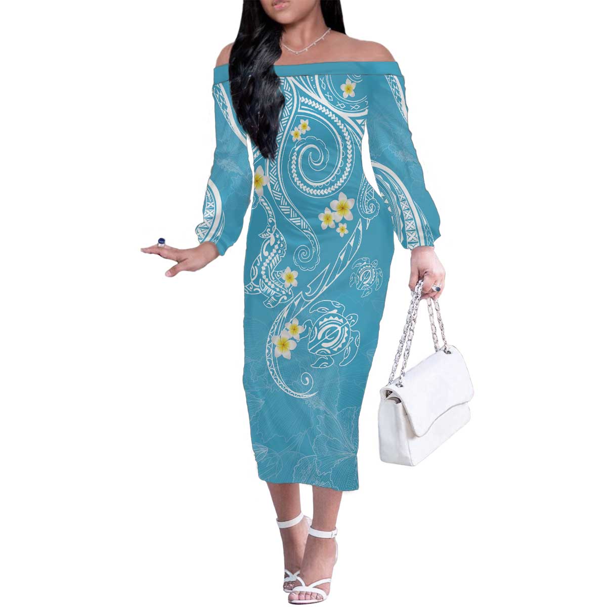 Polynesia Tribal Family Matching Off The Shoulder Long Sleeve Dress and Hawaiian Shirt Turquoise Plumeria Tentacles