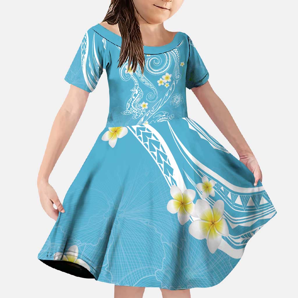 Polynesia Tribal Family Matching Off Shoulder Maxi Dress and Hawaiian Shirt Turquoise Plumeria Tentacles LT7 Daughter's Dress Turquoise - Polynesian Pride