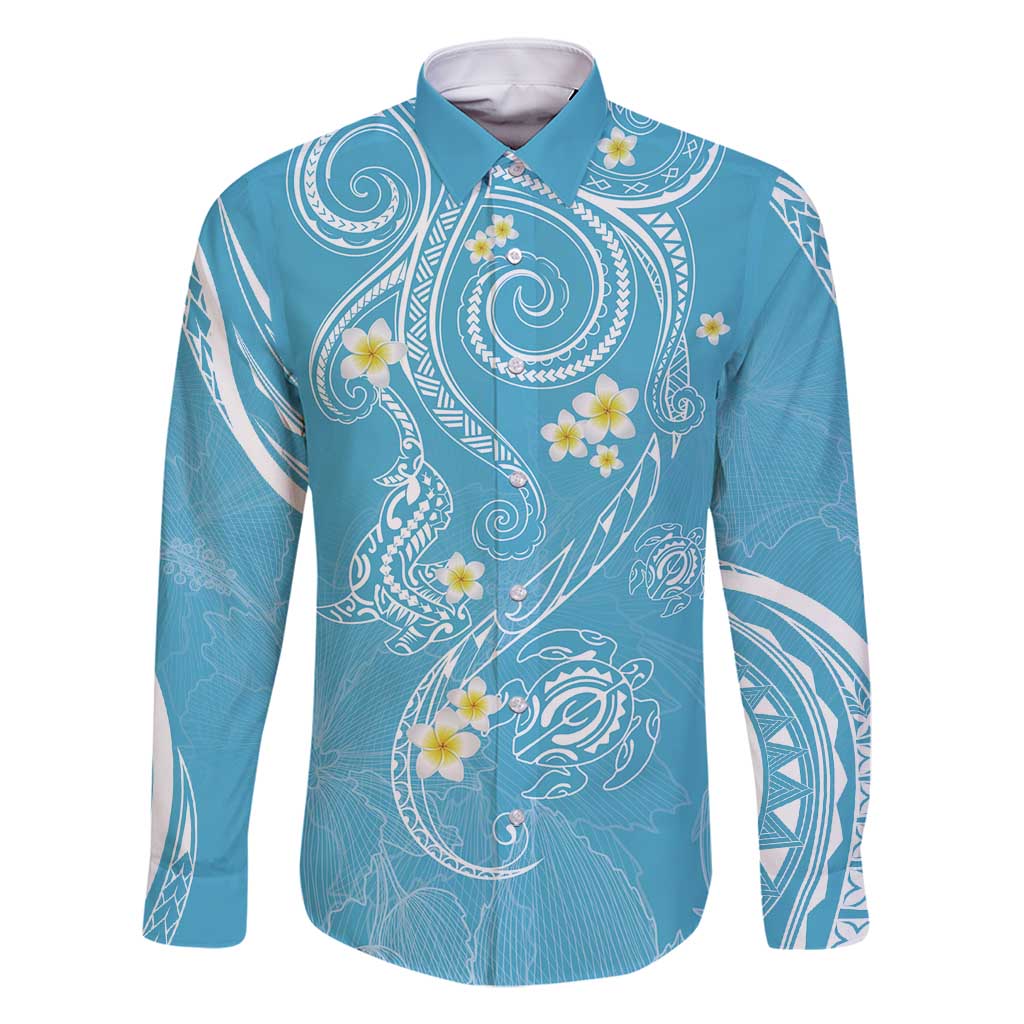 Polynesia Tribal Family Matching Off Shoulder Maxi Dress and Hawaiian Shirt Turquoise Plumeria Tentacles LT7 Dad's Shirt - Long Sleeve Turquoise - Polynesian Pride