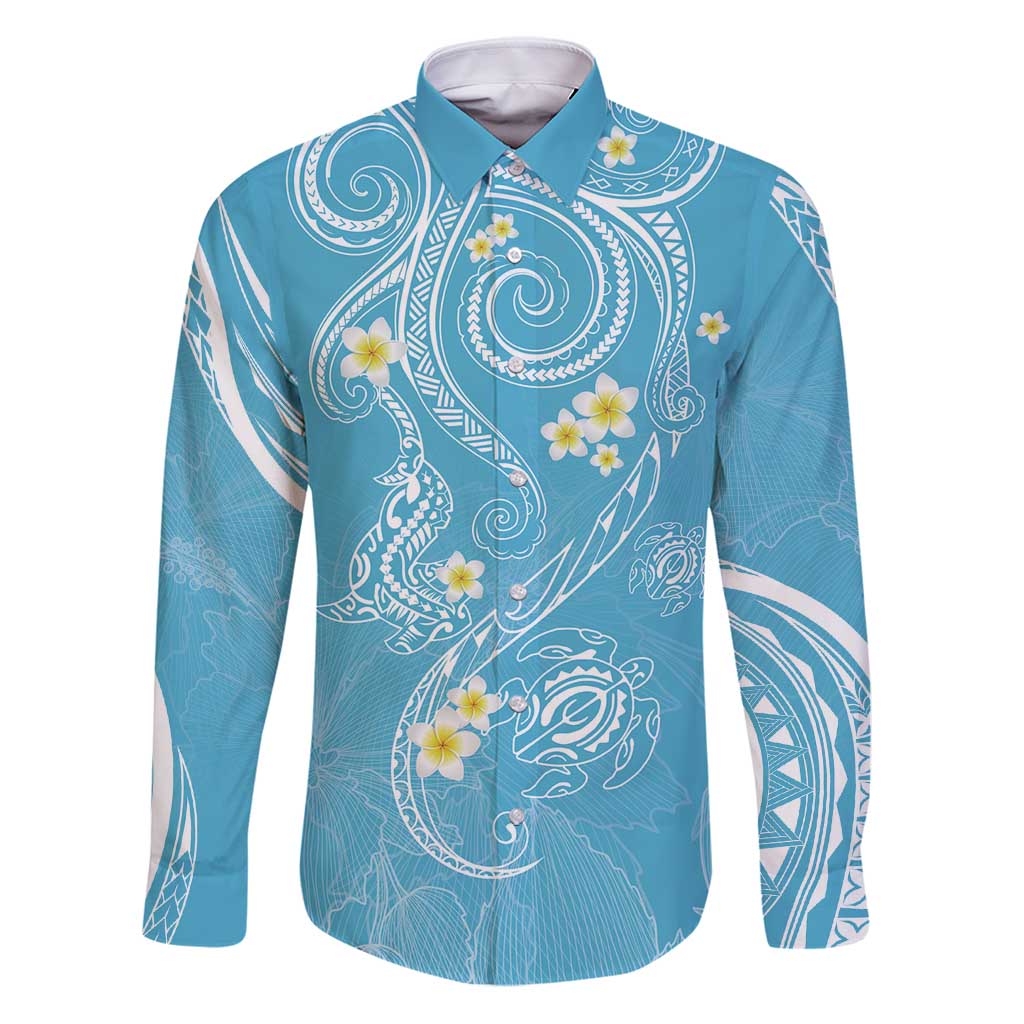 Polynesia Tribal Family Matching Puletasi and Hawaiian Shirt Turquoise Plumeria Tentacles LT7 Dad's Shirt - Long Sleeve Turquoise - Polynesian Pride