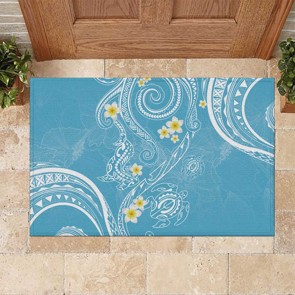 Polynesia Tribal Rubber Doormat Turquoise Plumeria Tentacles