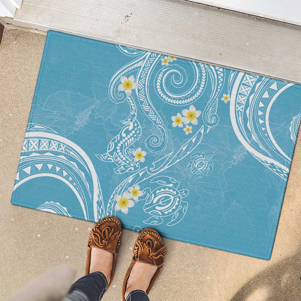 Polynesia Tribal Rubber Doormat Turquoise Plumeria Tentacles