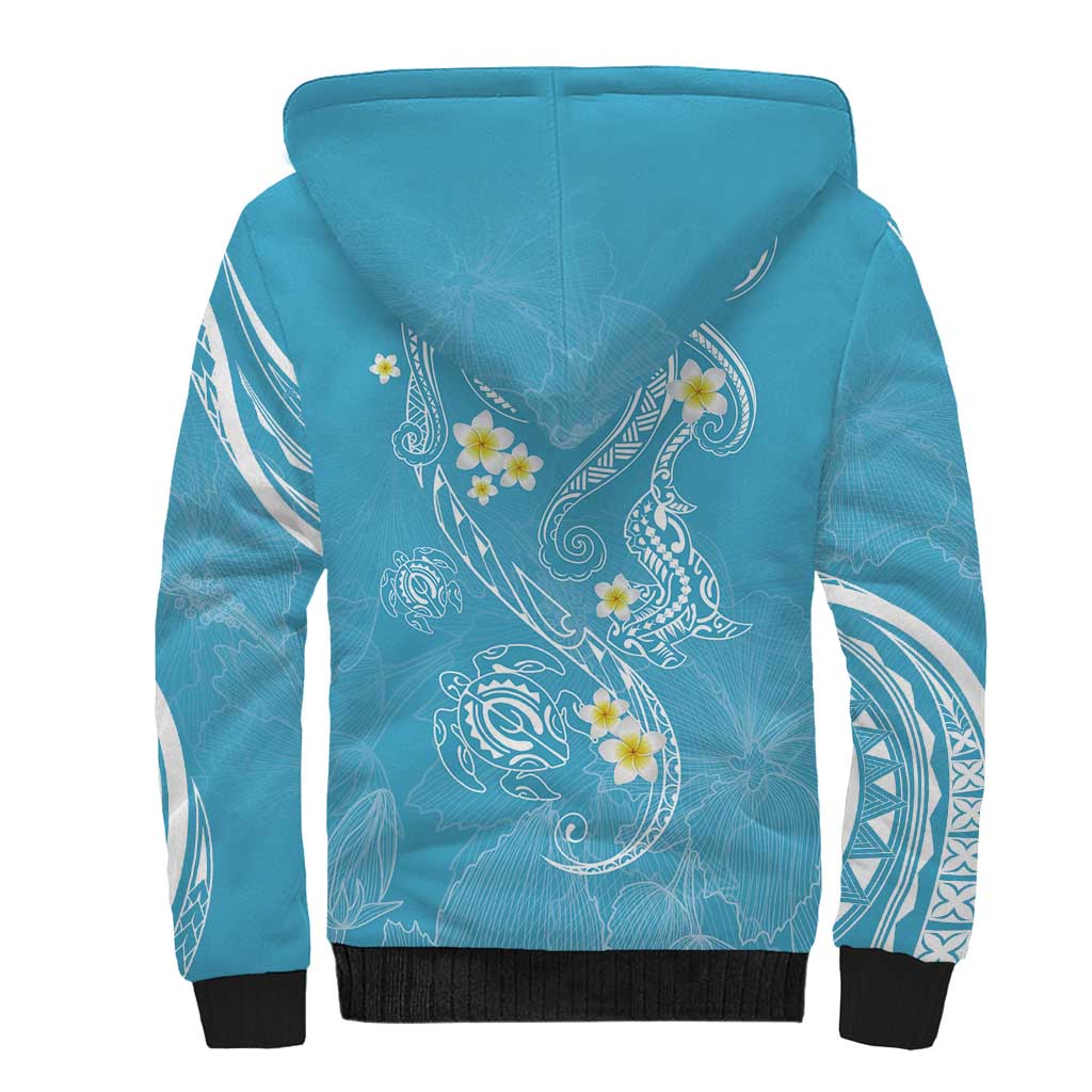 Polynesia Tribal Sherpa Hoodie Turquoise Plumeria Tentacles