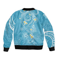 Polynesia Tribal Sleeve Zip Bomber Jacket Turquoise Plumeria Tentacles