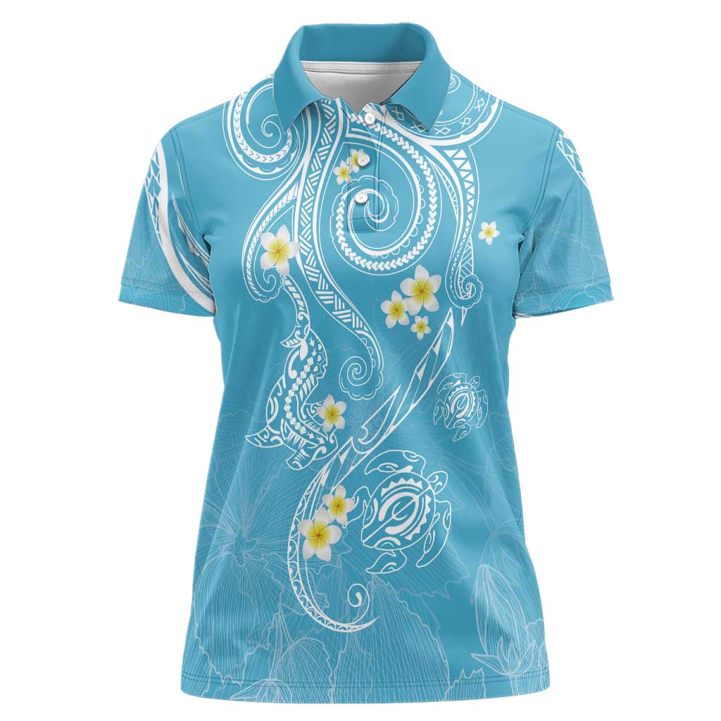 Polynesia Tribal Women Polo Shirt Turquoise Plumeria Tentacles