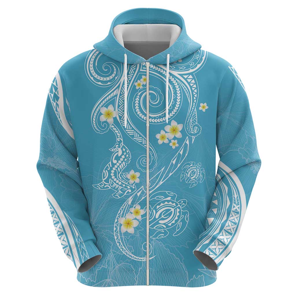 Polynesia Tribal Zip Hoodie Turquoise Plumeria Tentacles