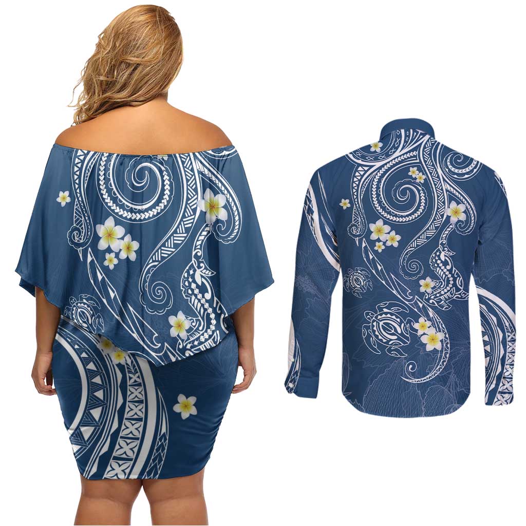 Polynesia Tribal Couples Matching Off Shoulder Short Dress and Long Sleeve Button Shirt Deep Blue Plumeria Tentacles