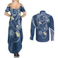 Polynesia Tribal Couples Matching Summer Maxi Dress and Long Sleeve Button Shirt Deep Blue Plumeria Tentacles LT7 - Polynesian Pride