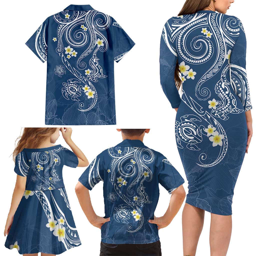 Polynesia Tribal Family Matching Long Sleeve Bodycon Dress and Hawaiian Shirt Deep Blue Plumeria Tentacles LT7 - Polynesian Pride