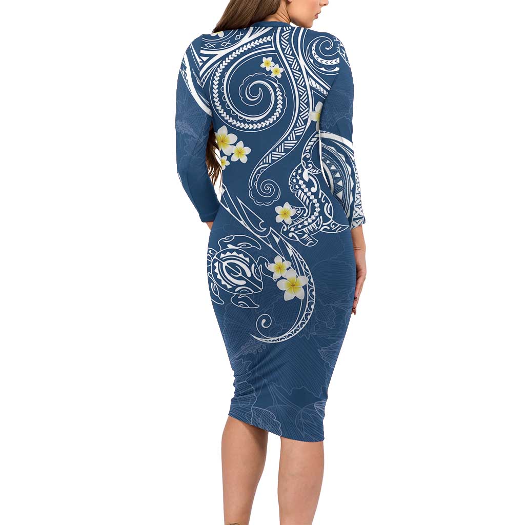Polynesia Tribal Family Matching Long Sleeve Bodycon Dress and Hawaiian Shirt Deep Blue Plumeria Tentacles LT7 - Polynesian Pride