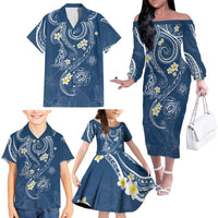 Polynesia Tribal Family Matching Off The Shoulder Long Sleeve Dress and Hawaiian Shirt Deep Blue Plumeria Tentacles