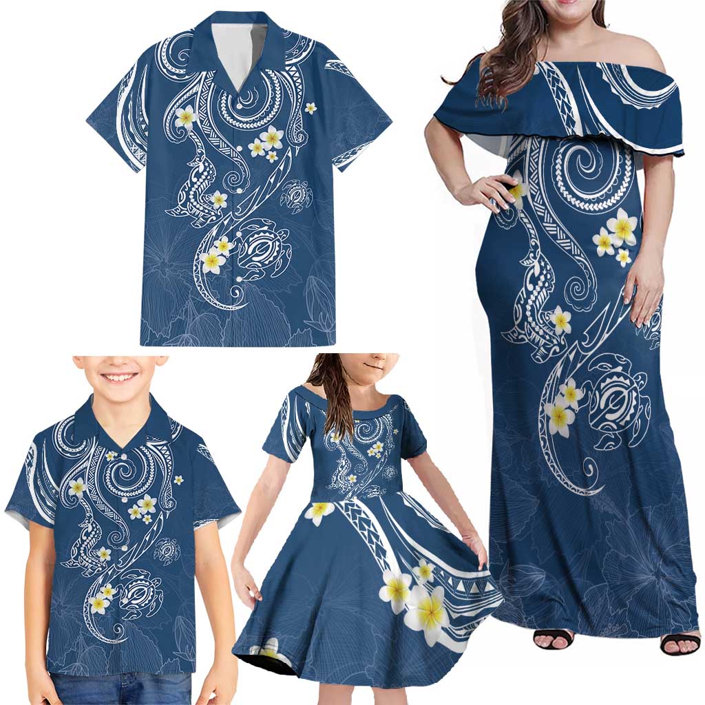 Polynesia Tribal Family Matching Off Shoulder Maxi Dress and Hawaiian Shirt Deep Blue Plumeria Tentacles LT7 - Polynesian Pride
