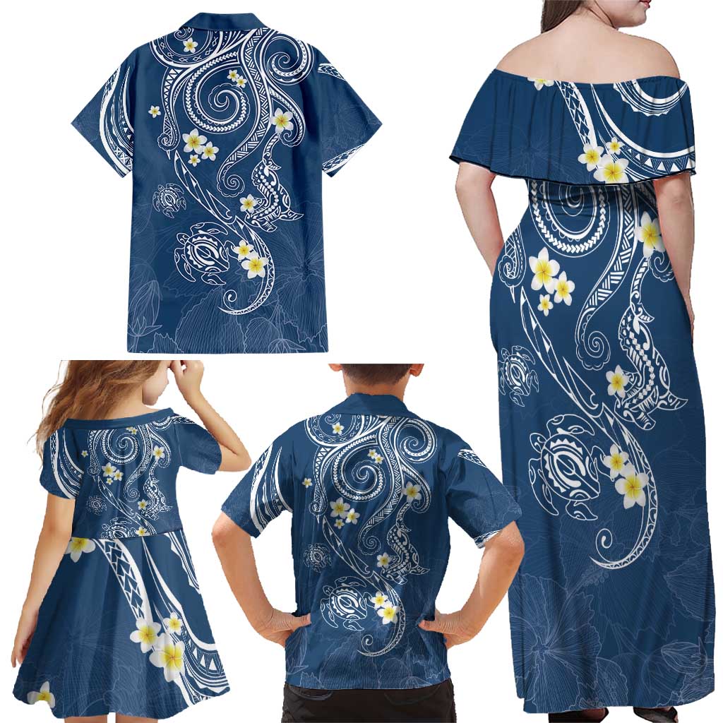 Polynesia Tribal Family Matching Off Shoulder Maxi Dress and Hawaiian Shirt Deep Blue Plumeria Tentacles LT7 - Polynesian Pride