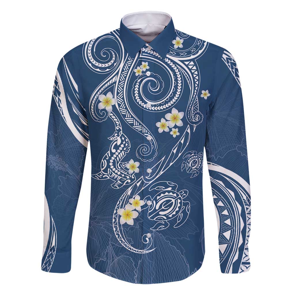 Polynesia Tribal Family Matching Off Shoulder Maxi Dress and Hawaiian Shirt Deep Blue Plumeria Tentacles LT7 Dad's Shirt - Long Sleeve Blue - Polynesian Pride