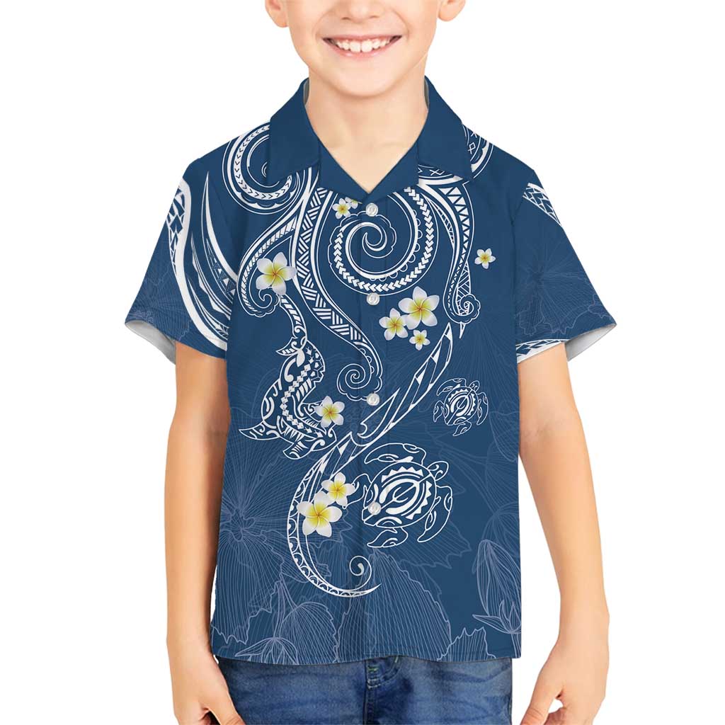 Polynesia Tribal Family Matching Off Shoulder Maxi Dress and Hawaiian Shirt Deep Blue Plumeria Tentacles LT7 Son's Shirt Blue - Polynesian Pride