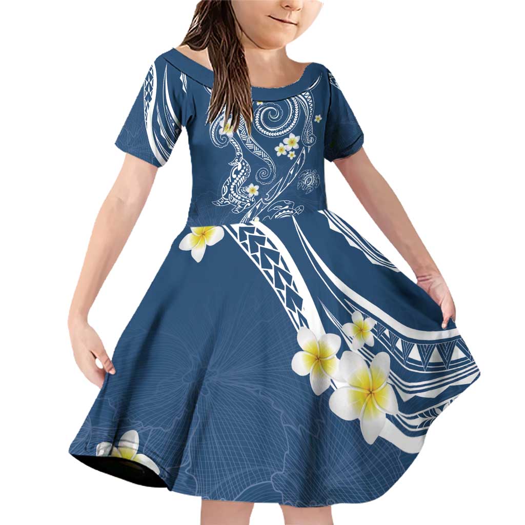 Polynesia Tribal Family Matching Off Shoulder Short Dress and Hawaiian Shirt Deep Blue Plumeria Tentacles LT7 Daughter's Dress Blue - Polynesian Pride