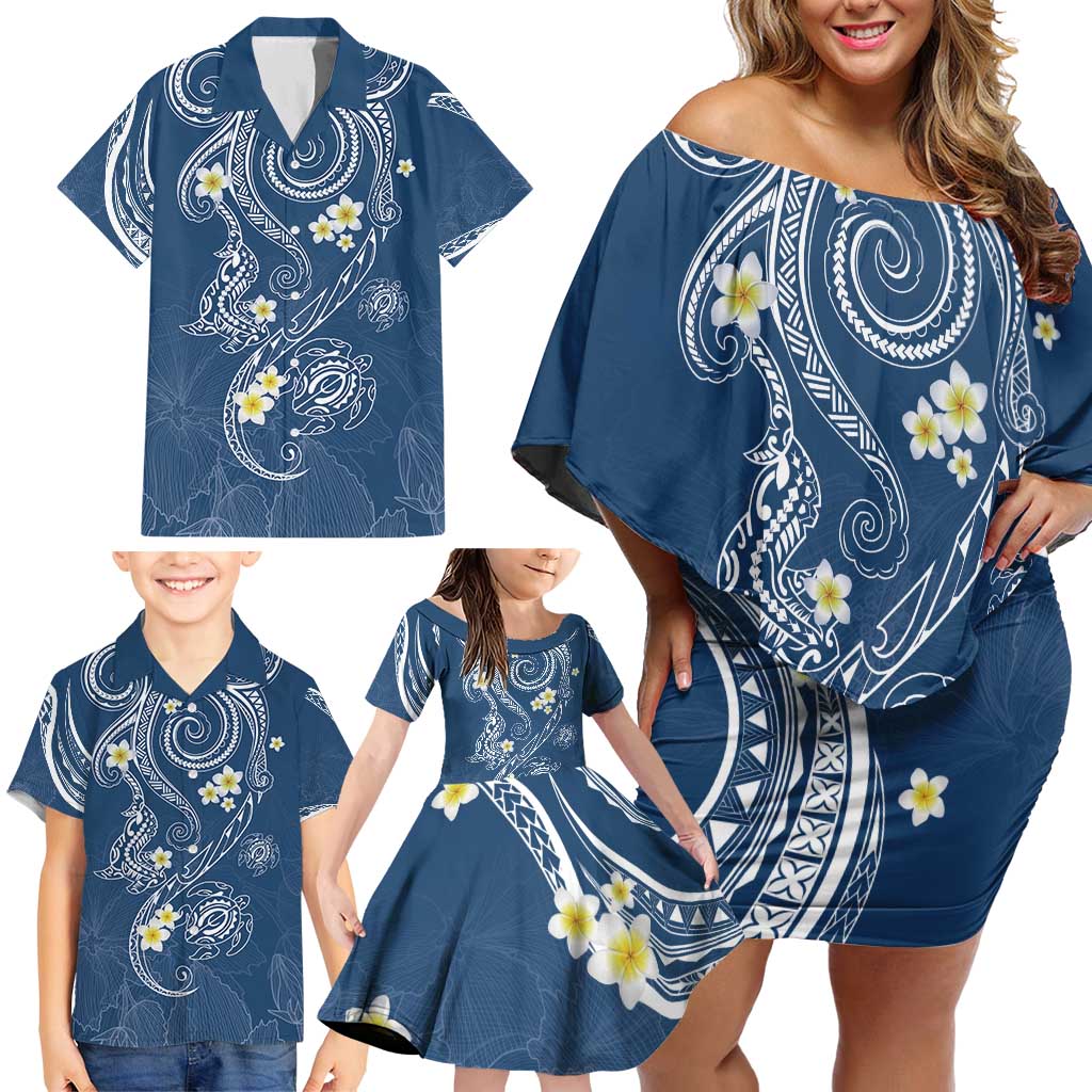 Polynesia Tribal Family Matching Off Shoulder Short Dress and Hawaiian Shirt Deep Blue Plumeria Tentacles LT7 - Polynesian Pride