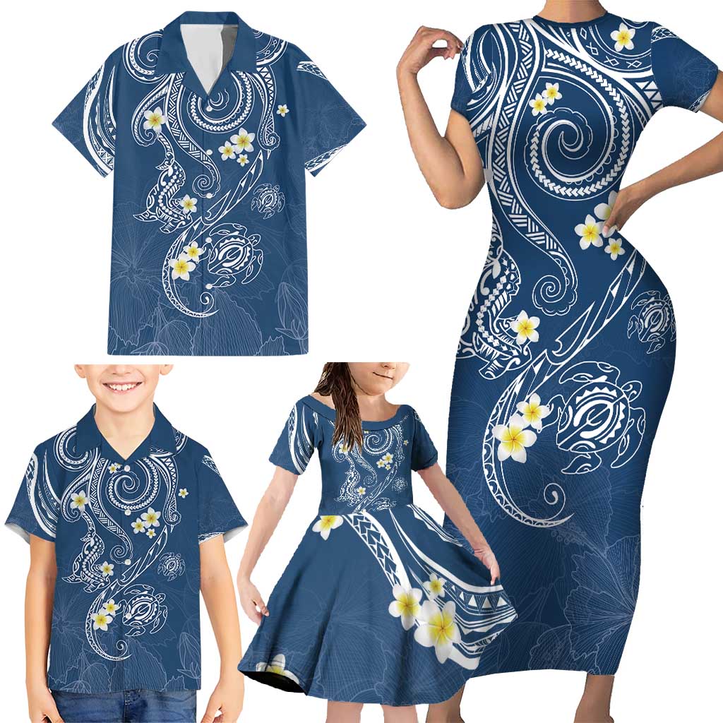 Polynesia Tribal Family Matching Short Sleeve Bodycon Dress and Hawaiian Shirt Deep Blue Plumeria Tentacles LT7 - Polynesian Pride