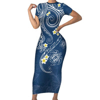 Polynesia Tribal Family Matching Short Sleeve Bodycon Dress and Hawaiian Shirt Deep Blue Plumeria Tentacles LT7 Mom's Dress Blue - Polynesian Pride
