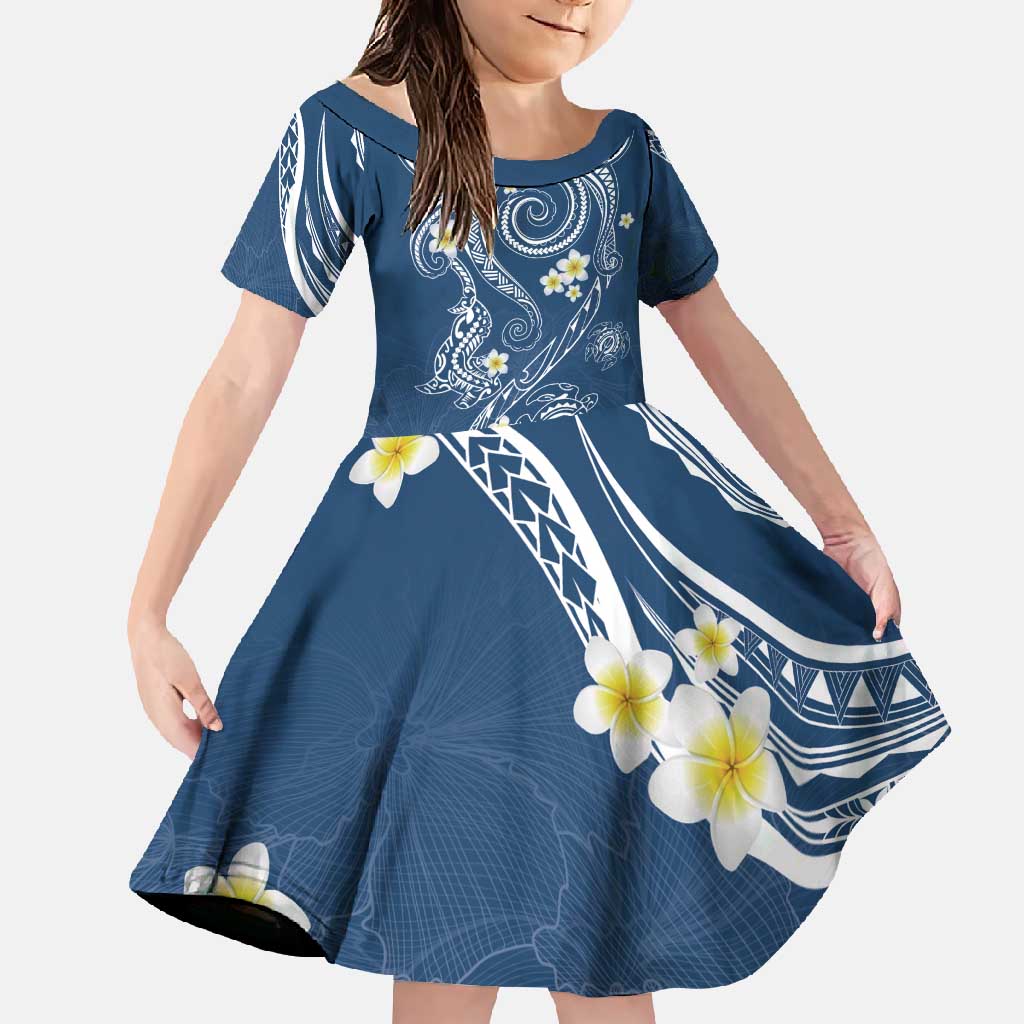 Polynesia Tribal Family Matching Tank Maxi Dress and Hawaiian Shirt Deep Blue Plumeria Tentacles LT7 Daughter's Dress Blue - Polynesian Pride