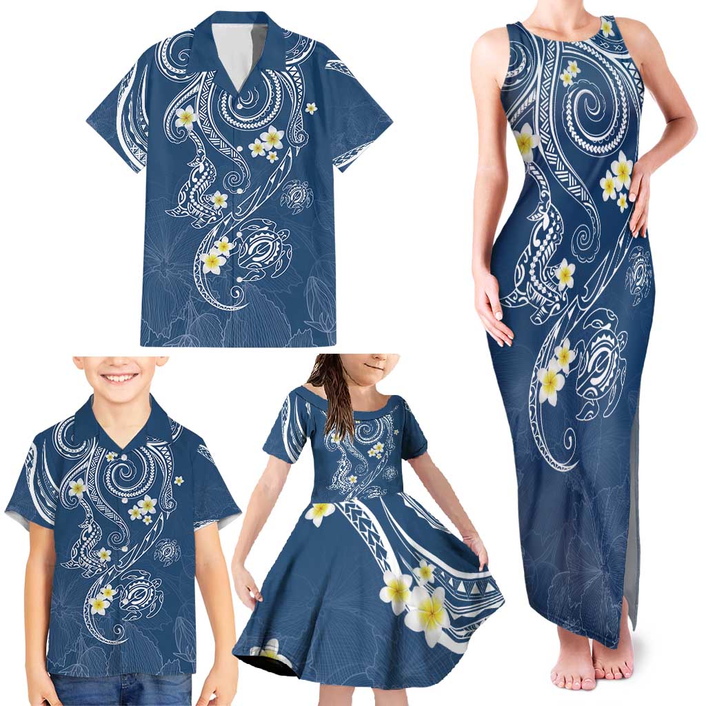Polynesia Tribal Family Matching Tank Maxi Dress and Hawaiian Shirt Deep Blue Plumeria Tentacles LT7 - Polynesian Pride