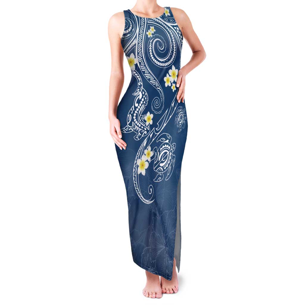 Polynesia Tribal Family Matching Tank Maxi Dress and Hawaiian Shirt Deep Blue Plumeria Tentacles LT7 Mom's Dress Blue - Polynesian Pride