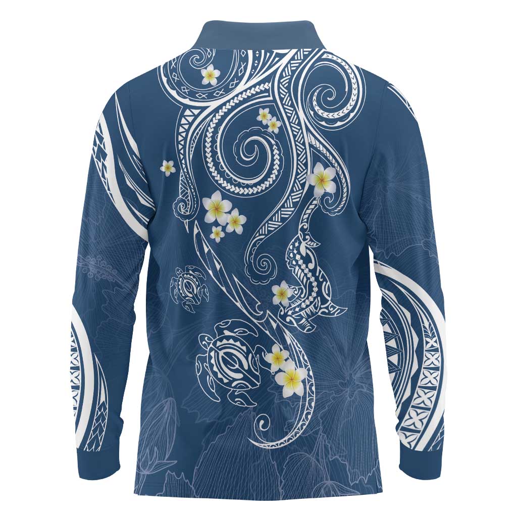 Polynesia Tribal Long Sleeve Polo Shirt Deep Blue Plumeria Tentacles LT7 - Polynesian Pride