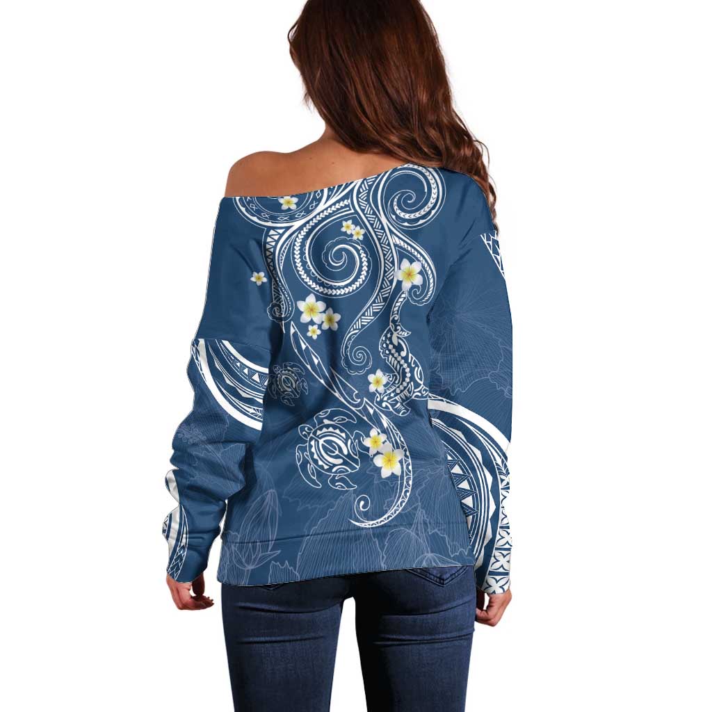 Polynesia Tribal Off Shoulder Sweater Deep Blue Plumeria Tentacles
